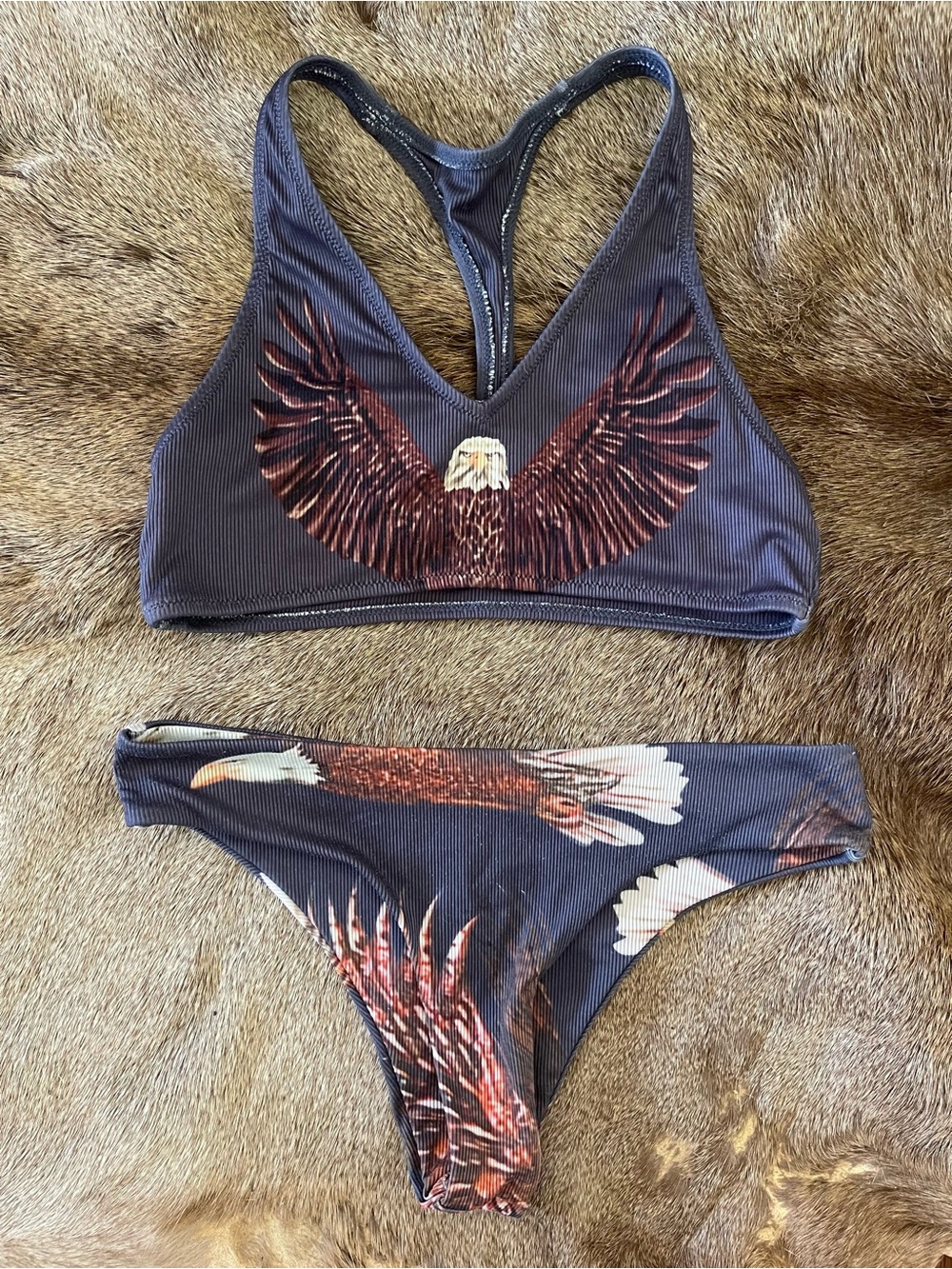 Women’s Dark Gray Eagle Print Two-Piece Swim Set